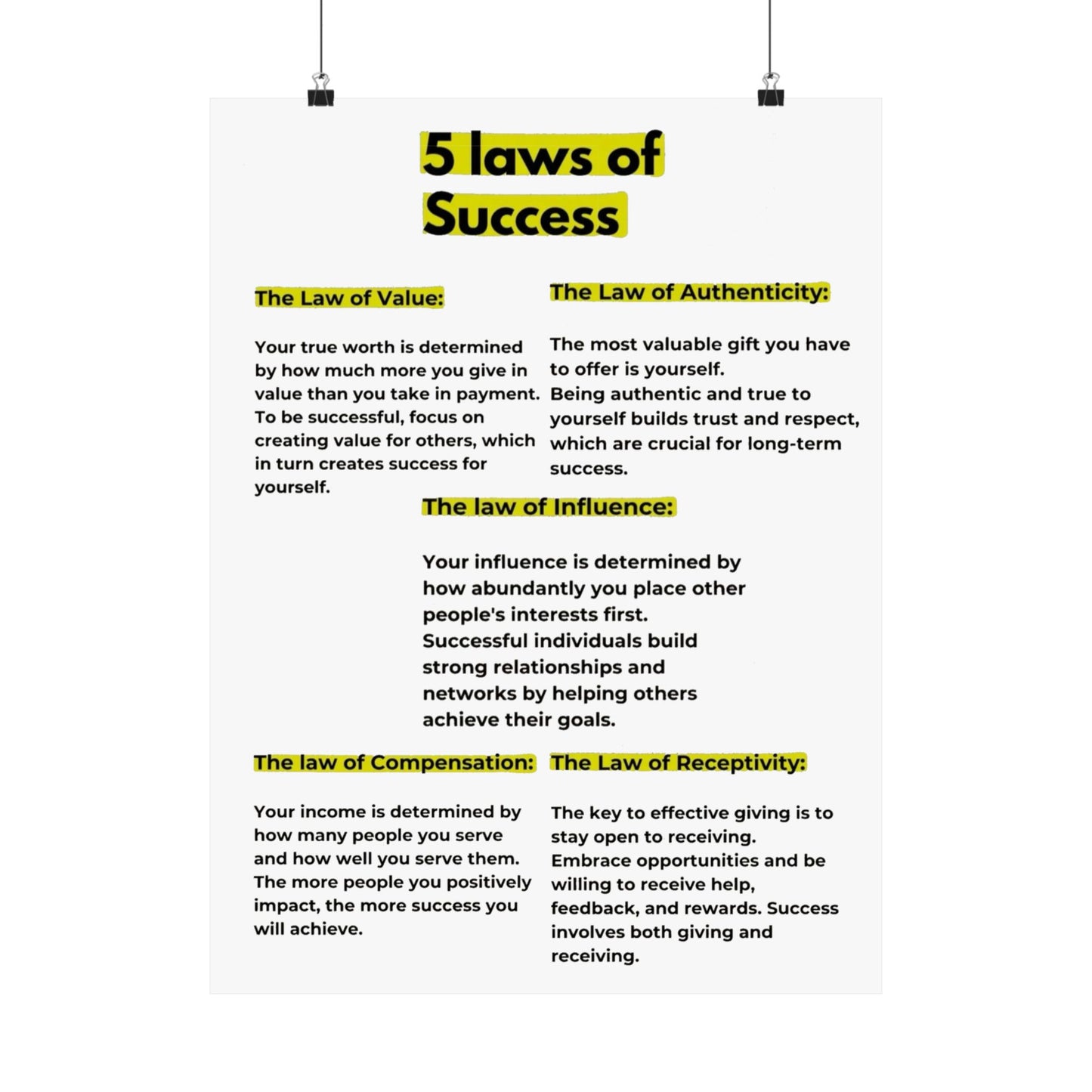 5 Laws of Success Motivational Poster